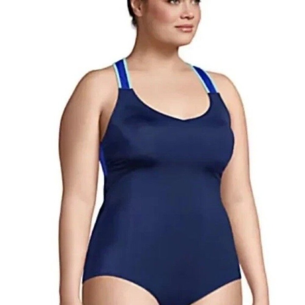 Lands’ End Racerback V Neck Blue 1 Piece Swimsuit 20W Bathing Suit